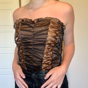 Y2K Brown and Black Ribbon Mesh Boned Corset Top